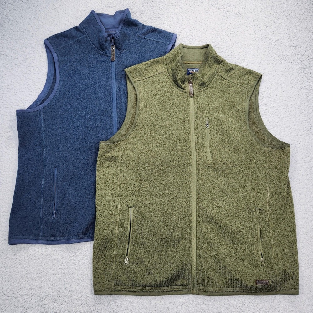 Lot Of 2 Smith's Workwear Vests Mens Large Green Blue Fleece Full Zip Outdoor